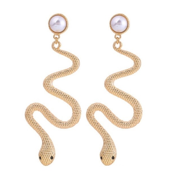 Goldtone Imitation Pearl Snake Drop Earrings - Picture 1 of 1